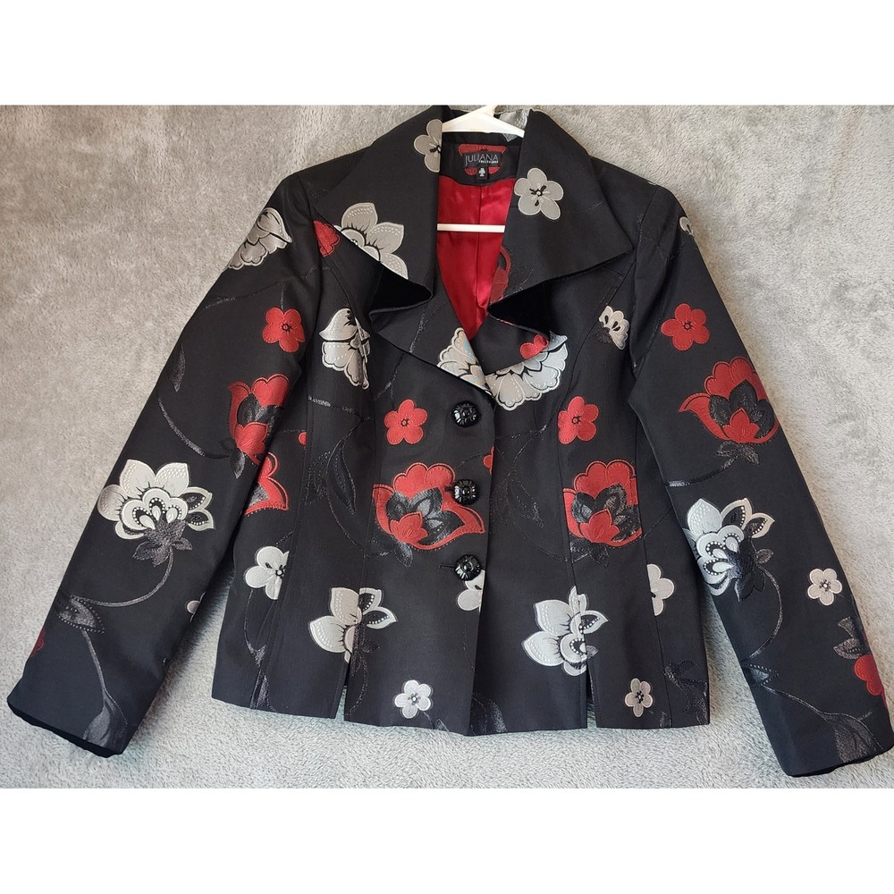 Juliana Collezione Jacket Womens Size 10 Black Red Silver Metallic Floral Blazer